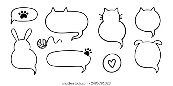 Cat dog pet frame, speech bubble cute set. Hand drawn sketch doodle line style animal pet frame design. Cat, dog paw cute talk speech bubble design. Puppy round footprint badge. Vector illustration.