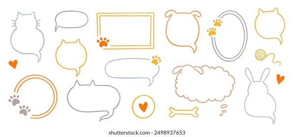 Cat dog pet frame, speech bubble cute set. Hand drawn sketch doodle line style animal pet frame design. Cat, dog paw cute talk speech bubble design. Puppy round footprint badge. Vector illustration.