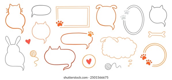 Cat dog pet frame, speech bubble cute set. Hand drawn sketch doodle line style animal pet frame design. Cat, dog paw cute talk speech bubble design. Puppy round footprint badge. Vector illustration.