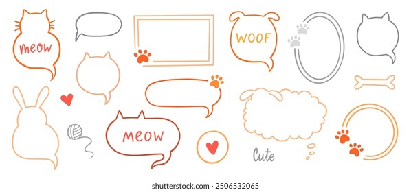 Cat dog pet frame, speech bubble cute set. Hand drawn sketch doodle line style animal pet frame design. Cat, dog paw cute talk speech bubble design. Puppy round footprint badge. Vector illustration.