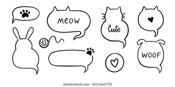 Cat dog pet frame, speech bubble cute set. Hand drawn sketch doodle line style animal pet frame design. Cat, dog paw cute talk speech bubble design. Puppy round footprint badge. Vector illustration.