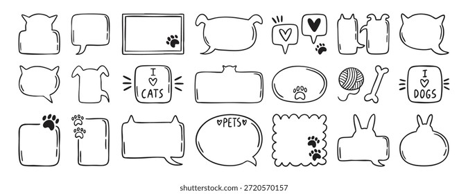 Cat cão pet frames balões de fala definir coleção doodle ícone desenhado à mão. Desenho de contorno símbolo de clipart de linha de emblema animal. Ilustração vetorial