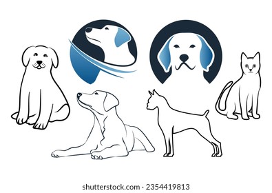 Cat and dog pet line art, Dog head icon vector template silhouette.