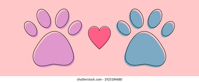cat and dog pet paw footprint love logo with line art. Vector illustration. Concept for pet shop, pet clinic, animal care, adoption, dog and cat products.
