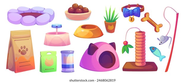 Cat and dog pet shop supplies cartoon icon vector. Animal bed and vet stuff for store interior collection on white background. Medication, accessories, mouse toy and bone indoor canine graphic