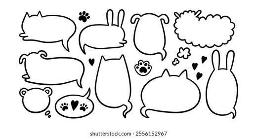 Cat dog pet speech bubble. Empty cute frames with tails set. Hand drawn sketch doodle line animal frame design. Cat, dog paw cute talk speech bubble. Vector illustrations isolated on white background.