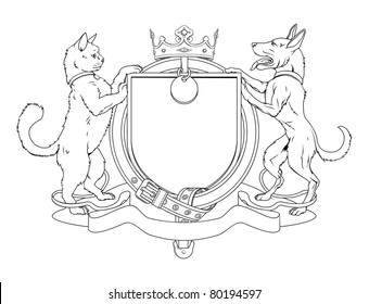 Cat and dog pets heraldic shield coat of arms. Notice the collar instead of garter.