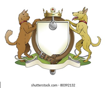 Cat and dog pets heraldic shield coat of arms. Notice the collar instead of garter.