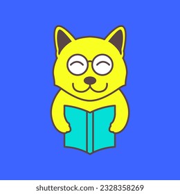 cat or dog pets reading book studies smart mascot cartoon cute happy colorful logo vector icon illustration