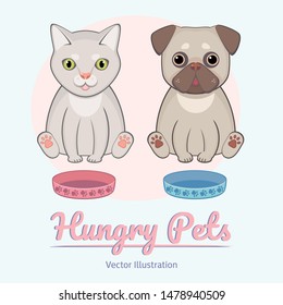 Cat and dog pets set. Cartoonish cute illustration. Postcard template with hungry pets. Kitty and puppy, pug and cat sitting and waiting food. Friendly animals.