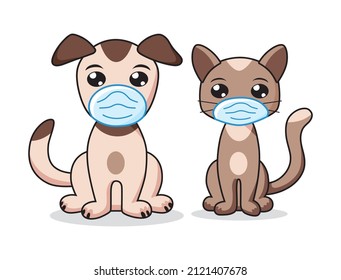 Mascotas para gatos y perros con máscaras médicas protectoras faciales, cuarentena veterinaria, protección contra la pandemia COVID-19.