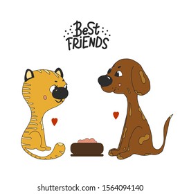 cat and dog with phrase best friends.hand-drawn vector illustration in cartoon style.used for banner or postcard, veterinary clinic, t-shirt or mug design, stickers.isolated on a white background.