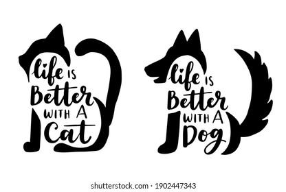 Afiche en blanco y negro con frases de gato y perro. Citas inspiradoras sobre gatos, perros y mascotas domésticas. Frases escritas a mano para afiches, diseño de tipografía para camisetas