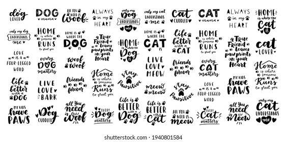 Cat and dog phrase black and white poster. Inspirational quotes about cat, dog and domestical pets. Hand written phrases for poster, cat and dog adoption lettering. Adopt a cat, dog.