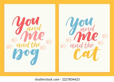 Afiche colorido con frases de gato y perro. Citas inspiradoras sobre gatos, perros y mascotas domésticas. Frases escritas a mano para carteles, letras de adopción de perros y gatos. Adopta un gato, perro.