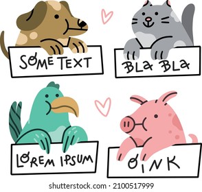 
cat, dog, pig and pig are holding signs with text