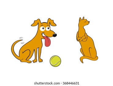 Cat and dog. Play with me! Friends or enemies? Funny vector illustration. Cartoon character cat and dog. Illustration of a cat and dog. White background with a cat and a dog. Animal play