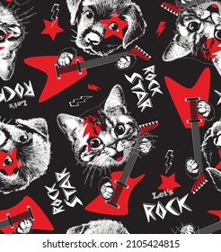 Cat and dog play Rock on guitar. Seamless pattern. Vector illustration.