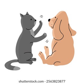 A cat and a dog are playing and fighting. Funny cute pets. Animal life. Cartoon vector illustration isolated on white background