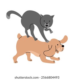 A cat and a dog are playing and fighting. Funny cute pets. Animal life. Cartoon vector illustration isolated on white background