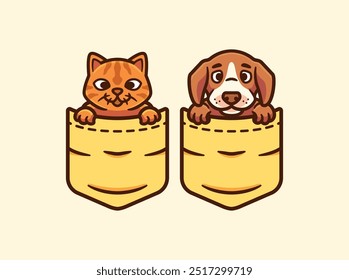  Cat and dog in the pocket. Cute cartoon animal vector illustration for t shirt design