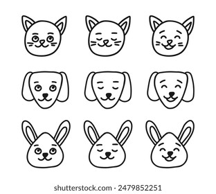 Cat, dog and rabbit head happy smile facial expressions, line doodle character set. Hand drawn outline emotion on animal face. Happy mood. Vector illustration