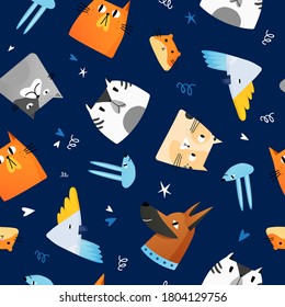 Cat dog rabbit parrot pets seamless pattern. Funny animal characters. Vector background template.