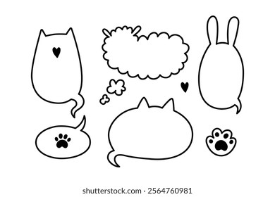 Cat dog rabbit pet speech bubble. Empty cute frames with tails set. Hand drawn sketch doodle line animal frame. Cat, dog paw cute talk speech bubble. Vector illustrations isolated on white background.