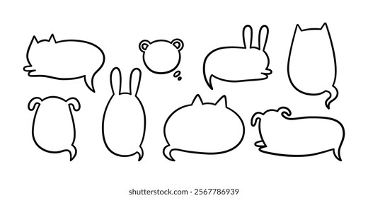 Cat dog rabbit pet speech bubble. Empty cute frames with tails set. Hand drawn sketch doodle line animal frame. Cat, dog cute talk speech bubble. Vector illustrations isolated on white background.