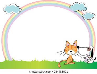 cat and dog with rainbow in the background