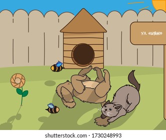 Cat and dog relaxed on grass. Suddenly they saw the big bees.