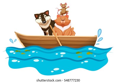 Cat and dog in the rowboat illustration