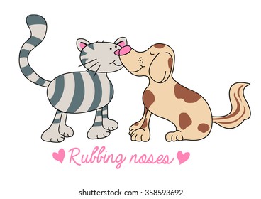 Cat and dog rubbing noses illustration .