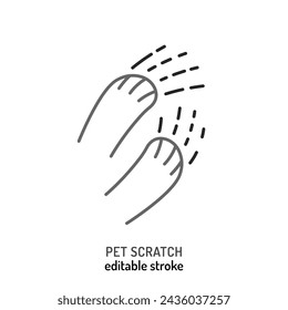Katze, Hundekratzer. Allgemeines Symbol für das Verhalten von Haustieren. Übermäßiges Kratzen. Lineares Symbol, Zeichen, Piktogramm. Tierärztliches Konzept. Bearbeitbare isolierte Vektorgrafik im Gliederungsstil auf weißem Hintergrund