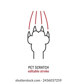 Cat, dog scratch. Common pet behavior symbol. Excessive scratching. Linear icon, sign, pictogram. Veterinarian concept. Editable isolated vector illustration in outline style on a white background