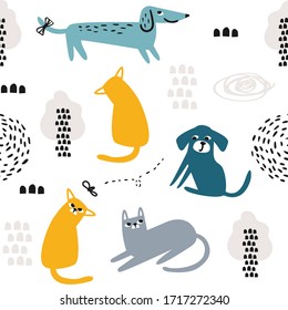 Cat And Dog Seamles Pattern. Kids Textile Vector Design. Animals Playing In Nature. Hand Drawn Illustration With Cute Cartoon, Doodle Pets.