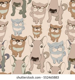 Cat and dog seamless pattern. Kitten and puppy vector set.