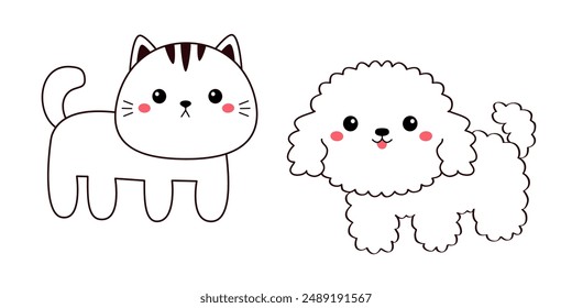 Cat and dog set. Maltese bichon . Puppy kitten face head line contour silhouette icon. Doodle animal pet icon. Cute kawaii cartoon funny character. Adopt concept. Flat design. White background. Vector