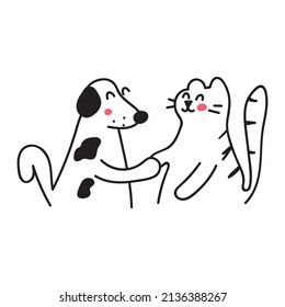 Cat and dog shake hands. Outline vector illustration.