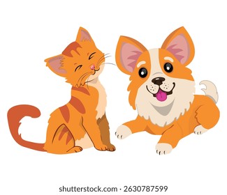 a cat and a dog sharing a cute moment. vector illustration.