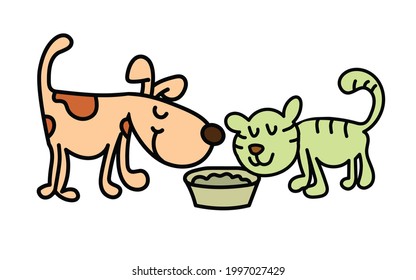 Cat and dog sharing food, pets illustration