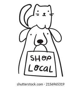 Cat and dog with shopping bag. Shop local. Outline illustration on white background.