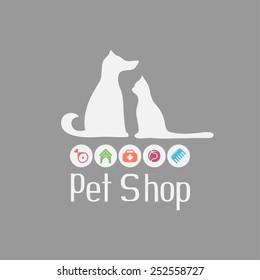 Cat and dog sign for pet shop logo and what they needs for pet salon or store icons, vector illustration
