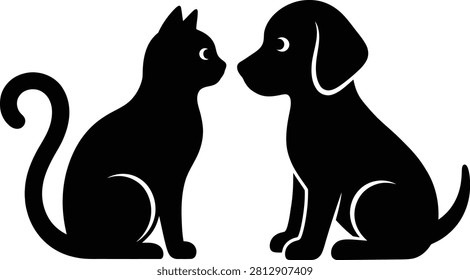 Cat and dog silhouette facing each other isolated vector illustration