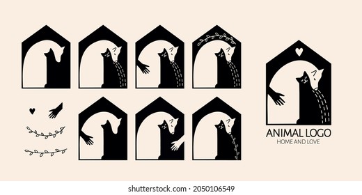 Cat Dog silhouette logo editable vector design, negative space isolated on soft background. Pet shop, vet clinic, animal shelter emblem. 