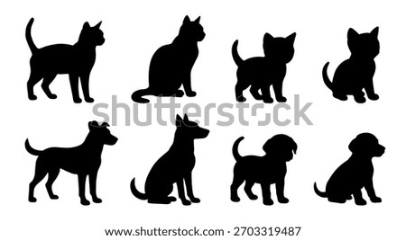 Cat and dog silhouettes set. Vector flat illustrations of pets