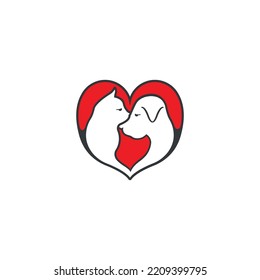 Cat and dog simple vector illustration in heart icon