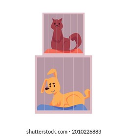 Gato y perro sentados en jaulas en mascotas albergan ilustración vectorial de dibujos planos aislados en fondo blanco. Caridad y donación, voluntariado para ayudar a los animales sin hogar.