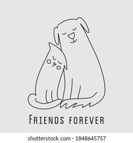 Cat and dog sitting like friends close one to other