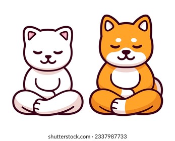 Cat and dog sitting in meditation, cartoon drawing. Cute funny Shiba Inu and white kitten meditating in lotus position, vector clip art illustration.